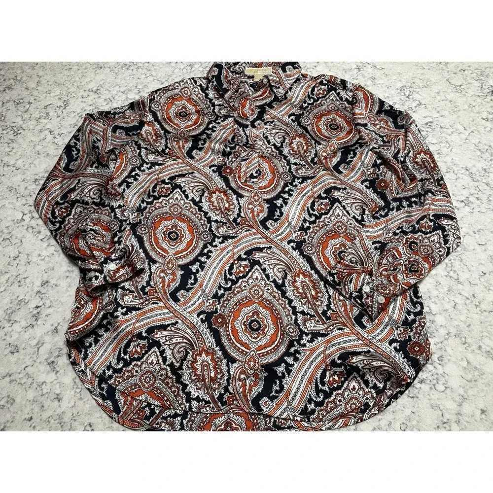 Michael Kors Women's L Paisley Button Front Blouse Orange Navy Long Sleeve Top